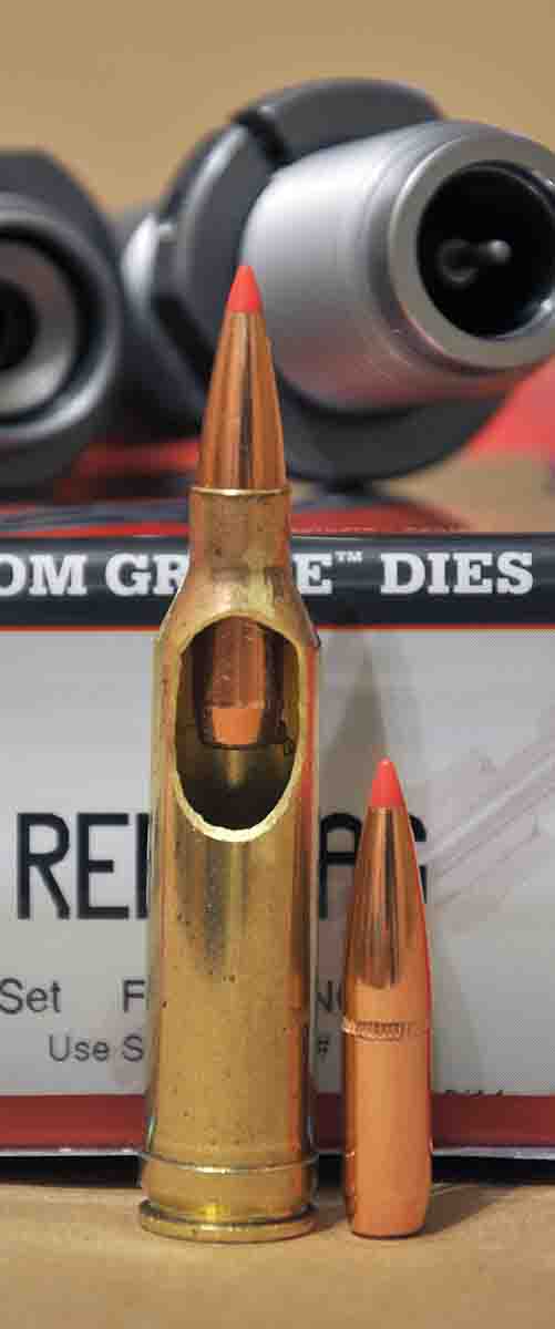 The short 6.5 Remington Magnum’s downfall was impeded case capacity. At a maximum cartridge length of 2.80 inches, this Hornady 140-grain SST largely compromises powder capacity, and its crimping cannelure is below the neck, as is the beginning of its ogive.